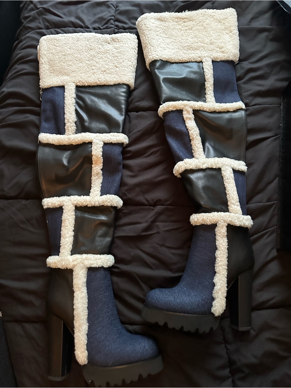 Jennifer Le Denim and leather thigh high Boots